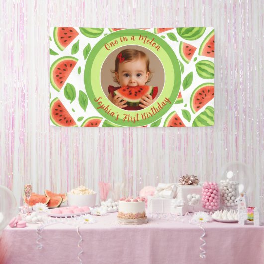 One In A Melon Custom Photo Watermelon Birthday Banner (Party)