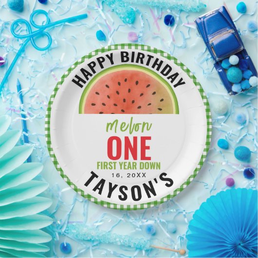 One in a Melon glitter watermelon 1st birthday Pappteller (Party)