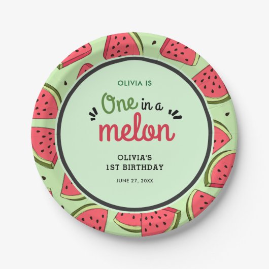 One in a Melon Summer Watermelon 1st Birthday Pappteller (Vorderseite)