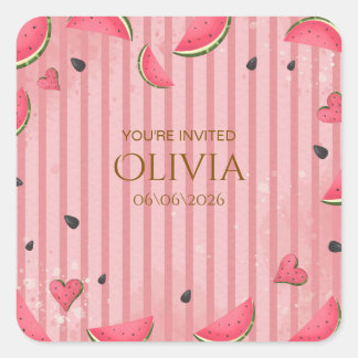 One in a Melon Watermelon First Birthday Invitatio Quadratischer Aufkleber