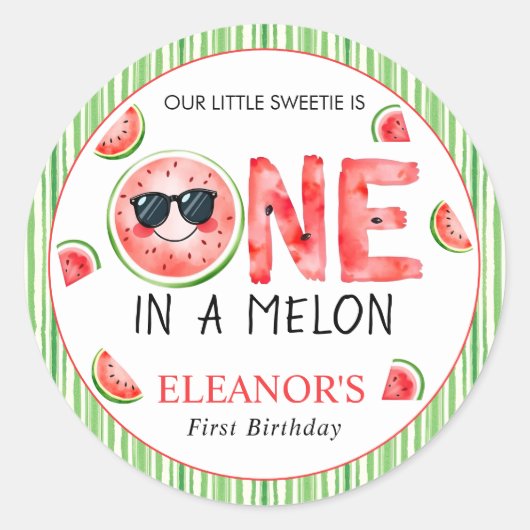 One in a melon watermelon summer 1st Birthday Runder Aufkleber (Vorderseite)
