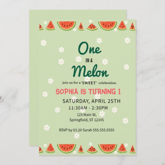 One in a Watermelon! 1st Birthday Party Einladung (Vorne/Hinten)
