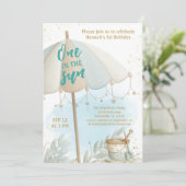 One in the Sun Summer Beach First Birthday Einladung (Stehend Vorderseite)