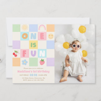 One is Fun Colorful Gingham 1st Birthday Photo Einladung