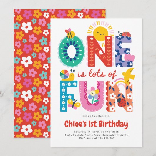 One is Fun Invitation, Girls First Birthday  Einladung (Vorne/Hinten)