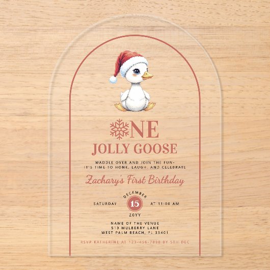One Jolly Goose Modern Christmas First Birthday Acryleinladungen (Vorderseite)