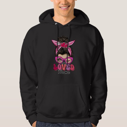 One Loved Mama Valentine's Day Messy Bun Retro Hea Hoodie (Vorderseite)