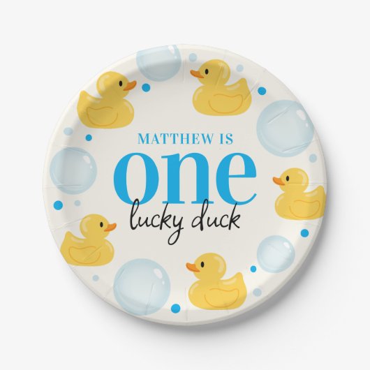 One Lucky Duck 1. Geburtstag Blue Paper Teller (Vorderseite)