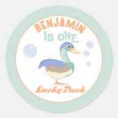 One Lucky Duck & Bubbles Erster Geburtstag Pastete Runder Aufkleber (Vorderseite)