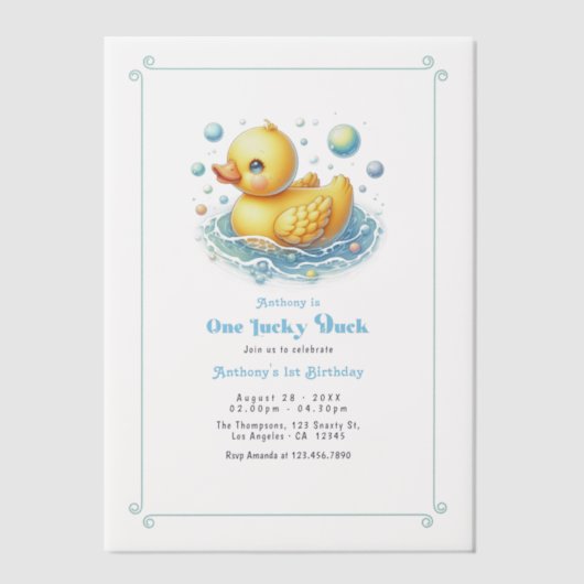 One Lucky Duck First Birthday Party Pergament Einladungen (Vorderseite)