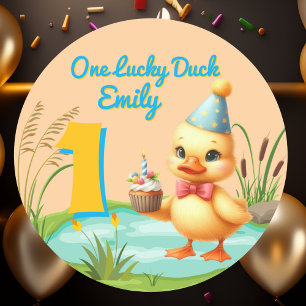 One Lucky Duck Girl 1. Geburtstag Party Runder Aufkleber