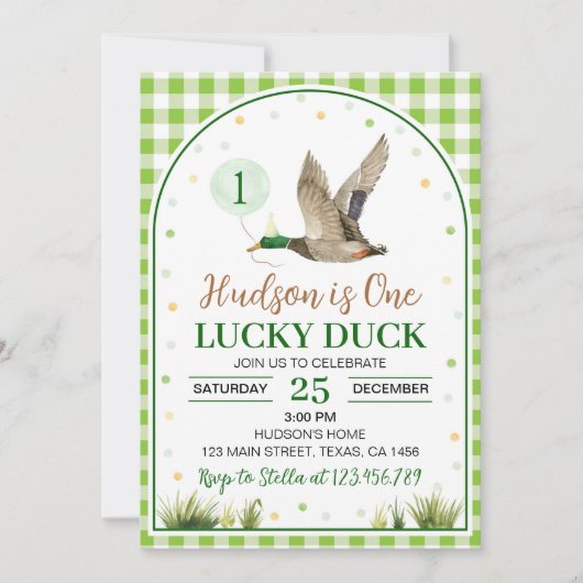 One Lucky Duck Green Gingham Birthday Einladung (Vorderseite)