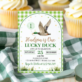 One Lucky Duck Green Gingham Birthday Einladung