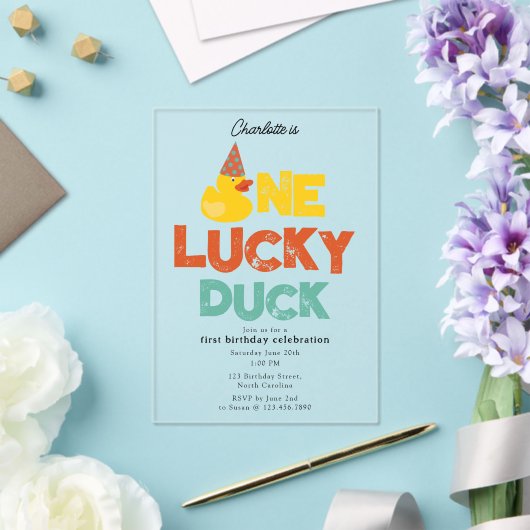 One Lucky Duck Invite 1st First Birthday Cute Acryleinladungen (In Situ (Hochzeit))