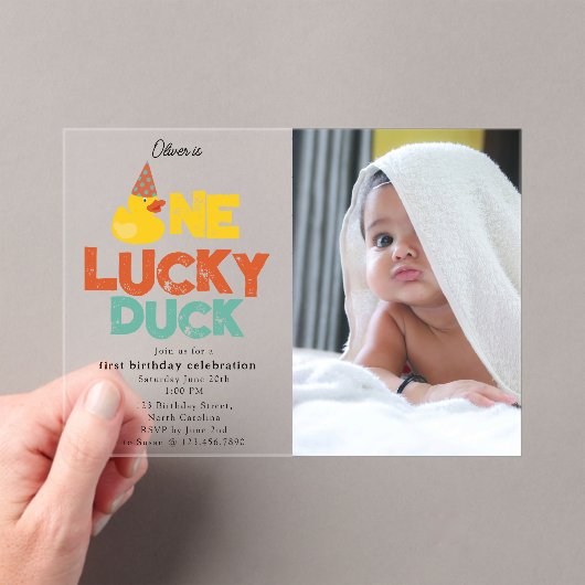 One Lucky Duck Invite 1st First Birthday Photo Acryleinladungen (Insitu (Handheld))