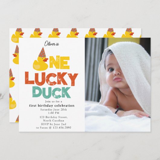 One Lucky Duck Invite 1st First Birthday Photo Einladung (Vorne/Hinten)