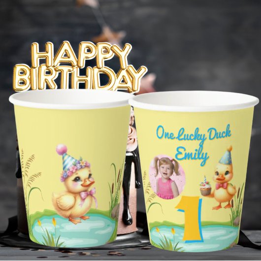One Lucky Duck Kids Birthday Photo Pappbecher