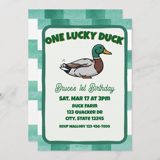 One Lucky Duck, Mallard Green 1st Birthday Einladung (Vorne/Hinten)