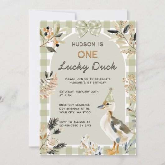One Lucky Duck Niedlich Duckling Gingham 1. Geburt Einladung (Vorderseite)