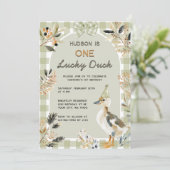 One Lucky Duck Niedlich Duckling Gingham 1. Geburt Einladung (Stehend Vorderseite)