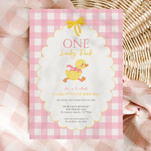 One Lucky Duck Pink Gingham Mädchen 1. Geburtstag Einladung