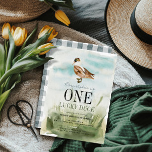 One Lucky Duck Watercolor Boy 1. Geburtstag Einladung