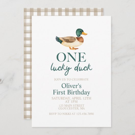 One Lucky Duck zum ersten Geburtstag Einladung (Vorne/Hinten)