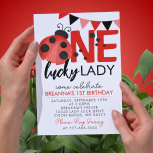 One Lucky Lady Watercolor Ladybug 1. Geburtstag Einladung