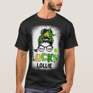 One Lucky Lollie Messy Bun Leopard St Patrick's Da T-Shirt
