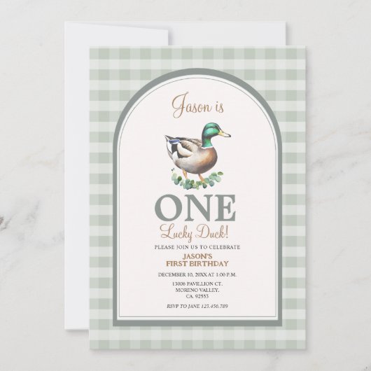 One Lucky Mallard Ducks Green Gingham 1. Geburtsta Einladung (Vorderseite)