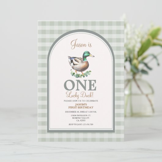One Lucky Mallard Ducks Green Gingham 1. Geburtsta Einladung (Stehend Vorderseite)