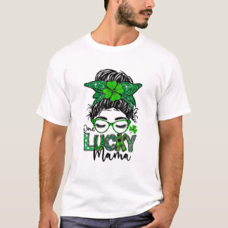 One Lucky Mama Messy Bun Leopard Bandana St. Patri T-Shirt