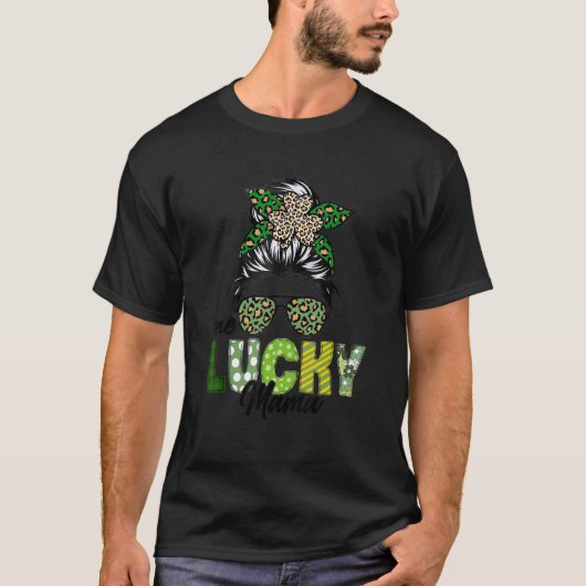 One Lucky Mama Messy Bun Leopard Shamrock Funny St T-Shirt (Vorderseite)