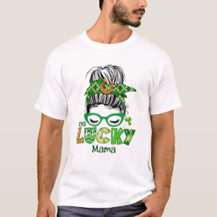 One Lucky Mama Messy Bun Leopard St Patrick's Day T-Shirt