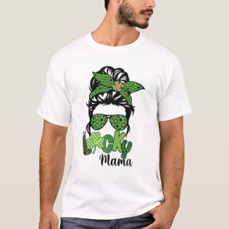 One Lucky Mama Messy Bun Leopard St Patrick's Day T-Shirt