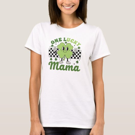 One Lucky Mama Retro Shamrock Mascot Art T-Shirt (Vorderseite)