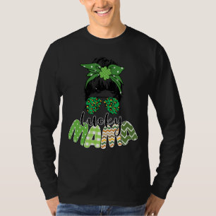 One Lucky Mama St Patrick S Day Leopard Messy Bun T-Shirt