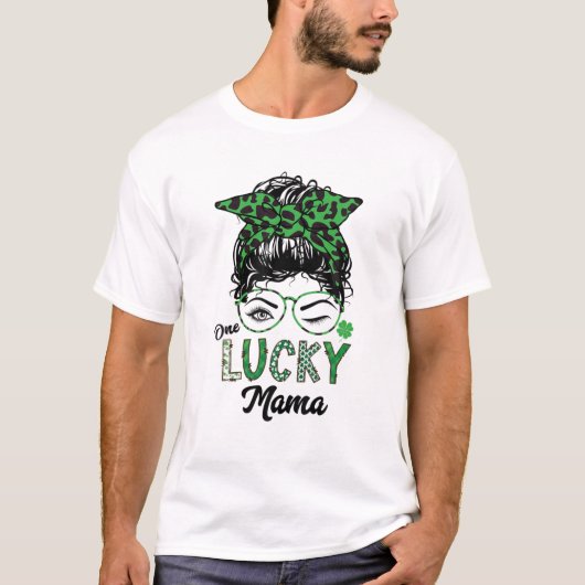 One Lucky Mama St Patricks Day Leopard Messy Bun H T-Shirt (Vorderseite)