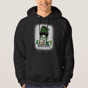 One Lucky School Nurse gebleicht Messy Bun St Patr Hoodie