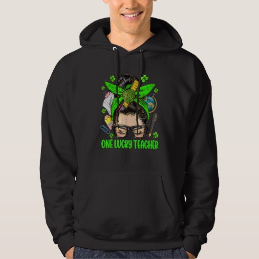 One Lucky Teacher Messy Bun St Patricks Day Clover Hoodie (Vorderseite)