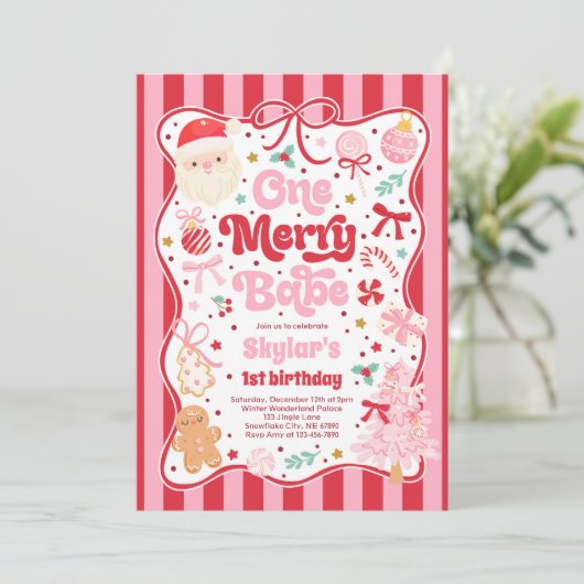 One Merry Babe Christmas Coquette Bow 1st Birthday Einladung (Stehend Vorderseite)