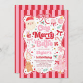 One Merry Babe Christmas Coquette Bow 1st Birthday Einladung (Vorne/Hinten)