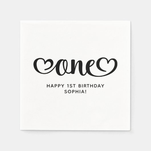 One Niedlich Hearts Script 1. Geburtstag Serviette (Vorderseite)