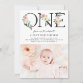 One Peach Florals Erstes Geburtstag Foto Einladung (Vorderseite)