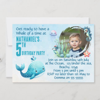 One Photo Whale 5th Birthday  Party Invitation Einladung