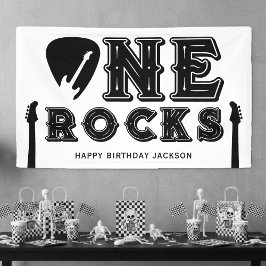 One Rocks Guitar Pick 1st Birthday Party White Banner