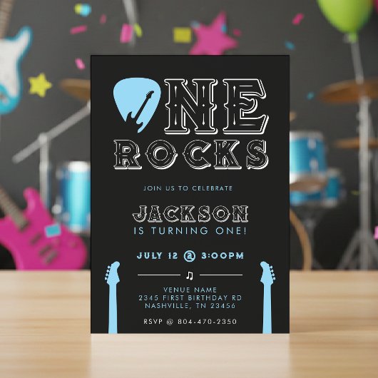 One Rocks Guitar Pick Blue 1st Birthday Party Einladung