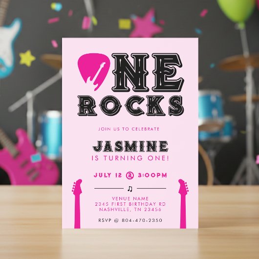 One Rocks Guitar Pick Pink 1st Birthday Party Einladung