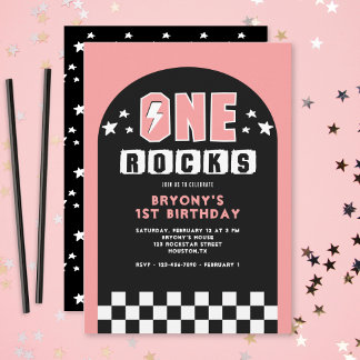 One Rocks Pink 1. Geburtstag Party Einladung