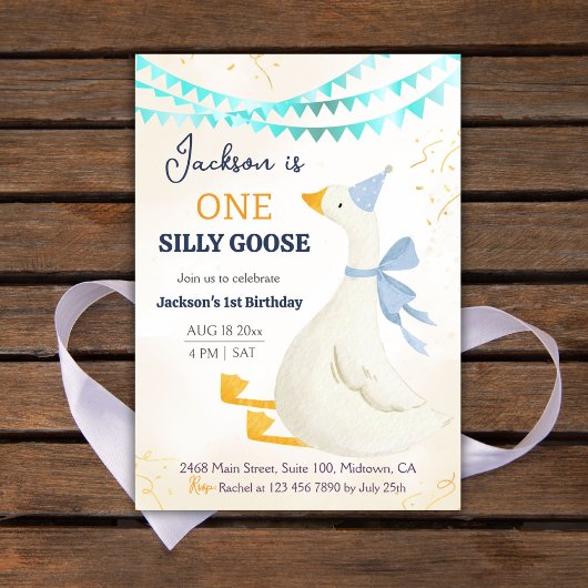 One silly goose 1st birthday blue cool cute boy einladung